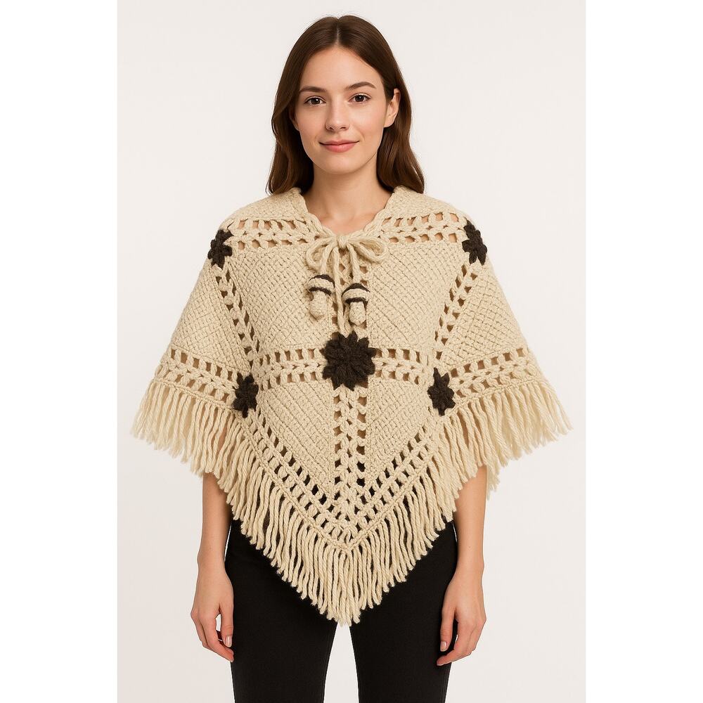 Vintage 1970s Handmade Crochet Poncho with Mushroom Tassel Ties & Fringe S-M